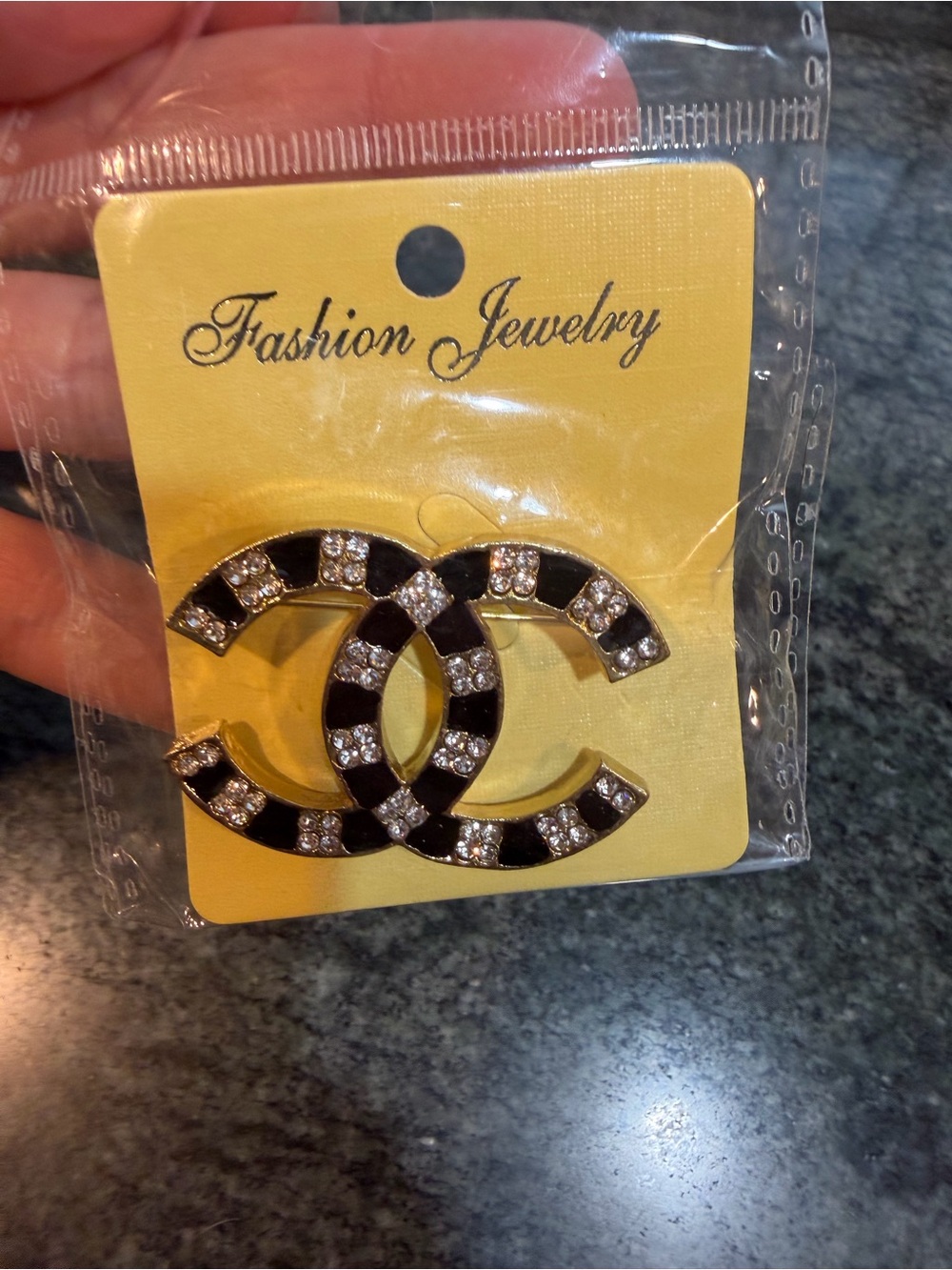 Black/faux crystal double C brooch pin NEW